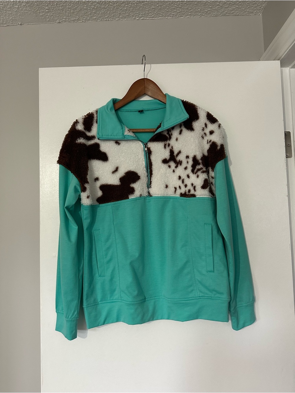 Women’s Turquoise Pullover Sweater with Cow Print Faux Fur